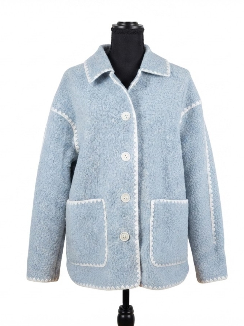 Light Blue Sherpa Pea Coat with Contrast Trim